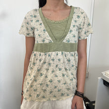 Load image into Gallery viewer, Sage Green Chest Beige Blue Floral Short Sleeves Top
