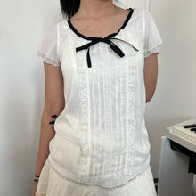 Load image into Gallery viewer, White Alice Mesh Black Ribbon Bow Short Sleeves Top
