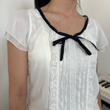 Load image into Gallery viewer, White Alice Mesh Black Ribbon Bow Short Sleeves Top
