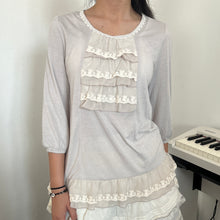 Load image into Gallery viewer, Grey Beige Cotton Cream Ruffles Chest 3/4 Sleeves Top
