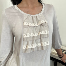 Load image into Gallery viewer, Grey Beige Cotton Cream Ruffles Chest 3/4 Sleeves Top
