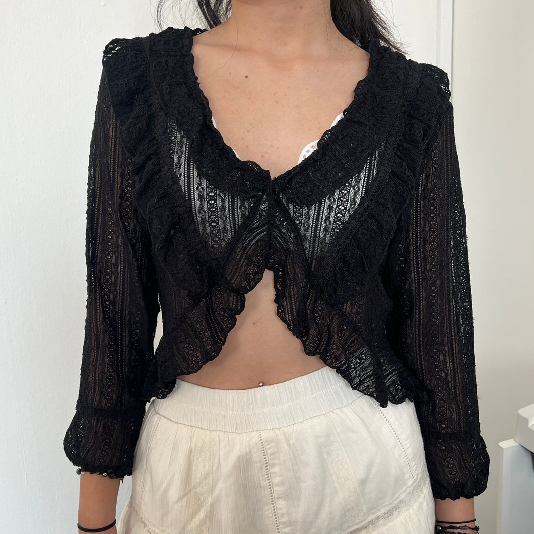 Black Lace Ruffles Hook Cardigan Long Sleeves Top