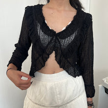 Load image into Gallery viewer, Black Lace Ruffles Hook Cardigan Long Sleeves Top
