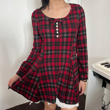 Load image into Gallery viewer, Red Tartan Plaid Bow Pearly Buttons Long Sleeves Dress Top
