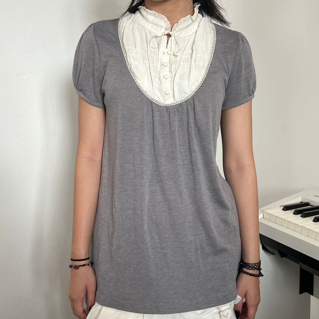 Grey Cotton White Alice Chest Short Sleeves Top