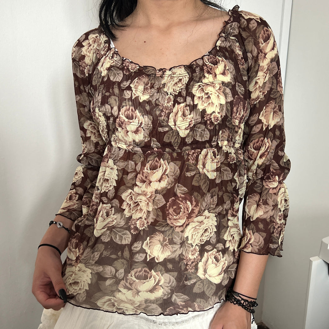 Burgundy Brown Floral Mesh Fairy Long Sleeves Top