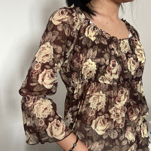 Load image into Gallery viewer, Burgundy Brown Floral Mesh Fairy Long Sleeves Top
