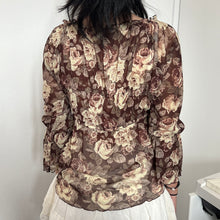 Load image into Gallery viewer, Burgundy Brown Floral Mesh Fairy Long Sleeves Top
