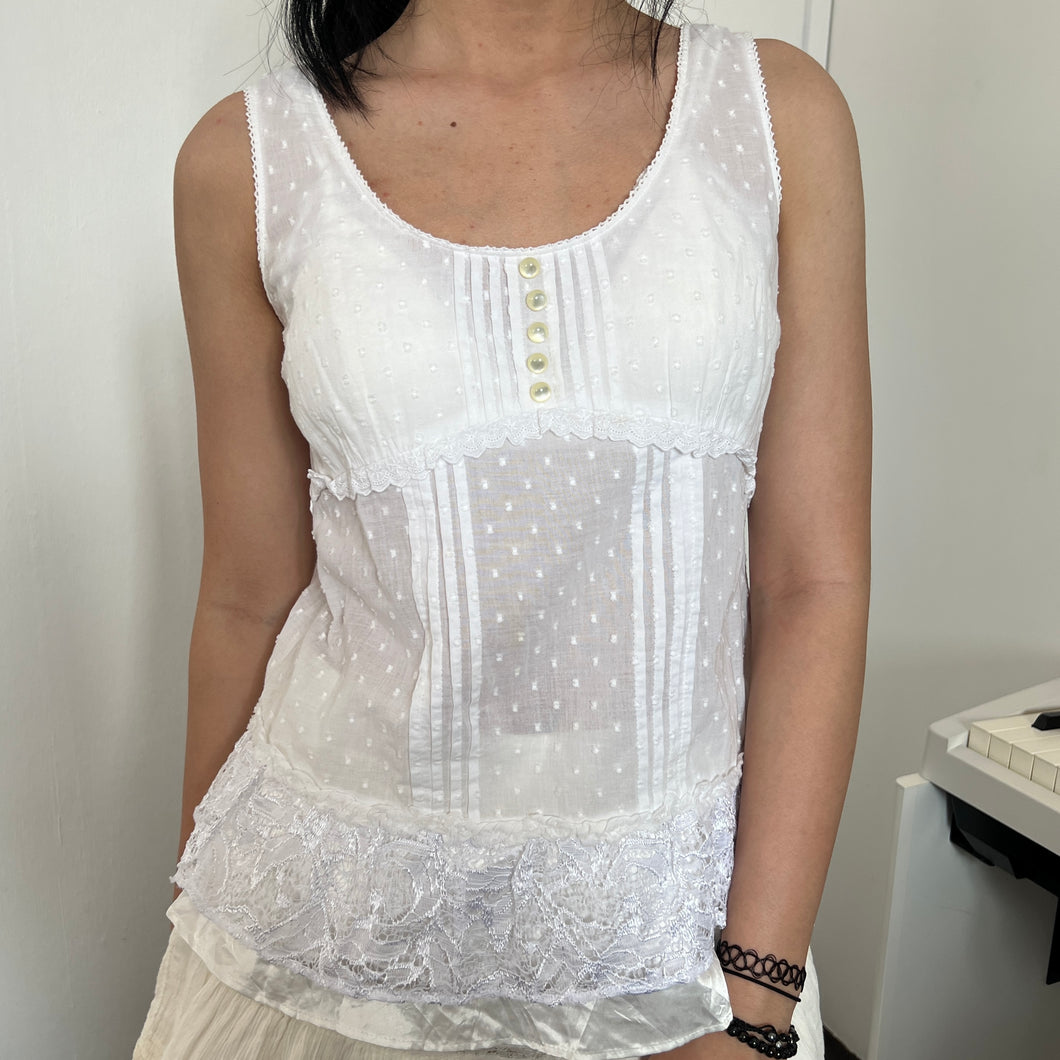 White Polka Lace Short Sleeves Top