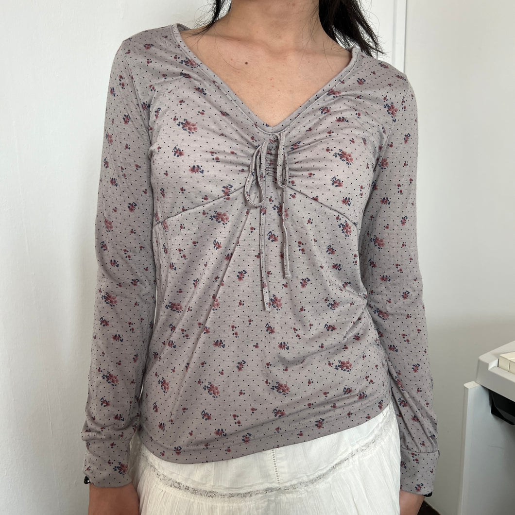 Grey Floral Polka Ruched Cotton Long Sleeves Top