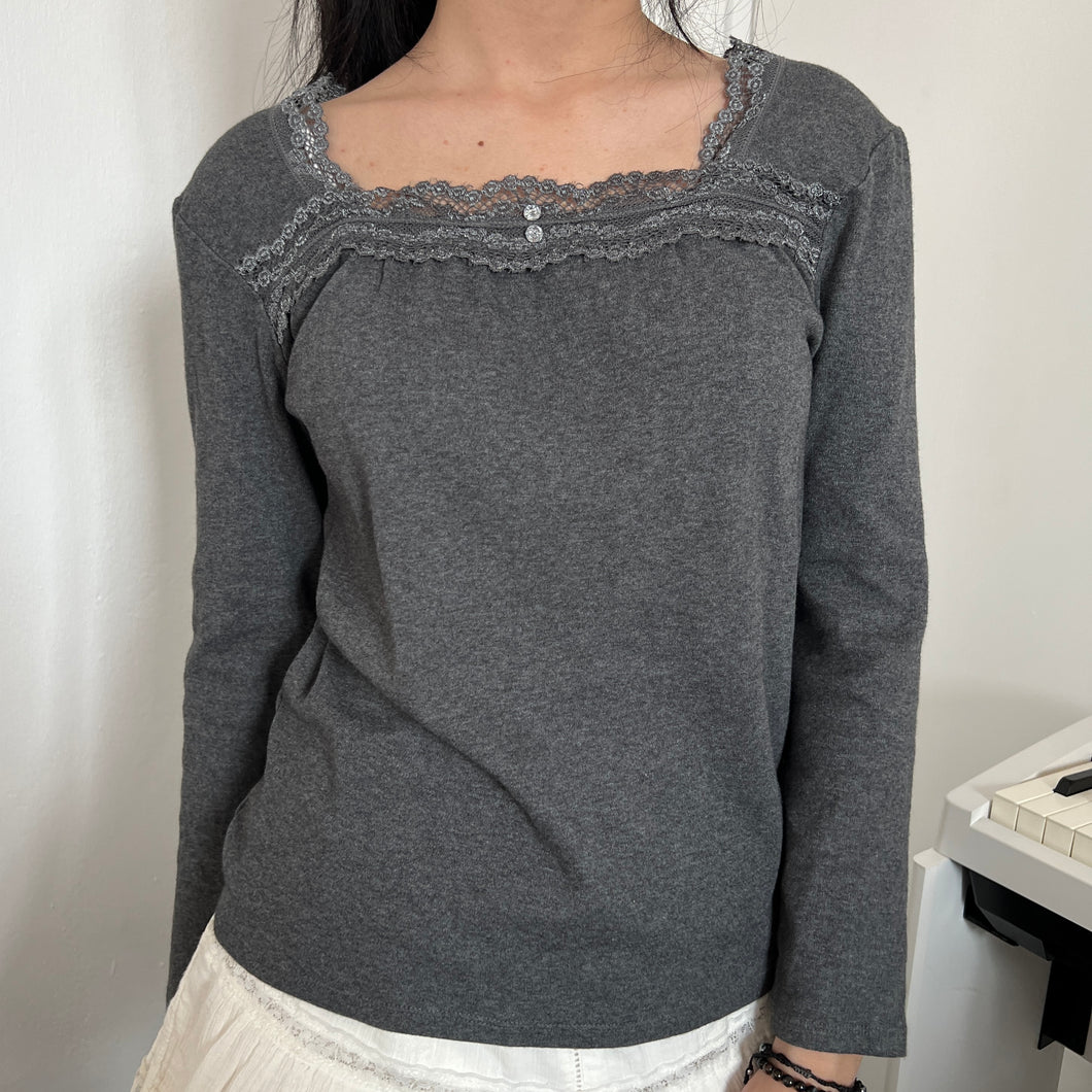 Grey Grainy Cotton Lace Mori Long Sleeves Top