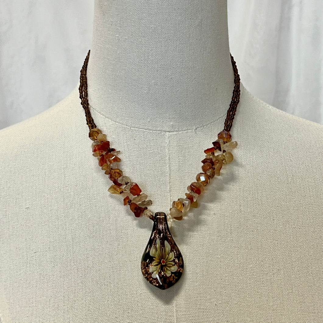 Brown Shimmer Glass Pendant Orange Stones Necklace