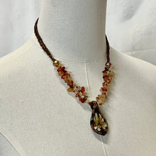 Load image into Gallery viewer, Brown Shimmer Glass Pendant Orange Stones Necklace
