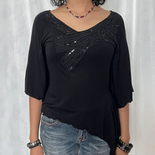 Load image into Gallery viewer, Black Cotton Hippie Sequin Chest Assym 3/4 Sleeve Top
