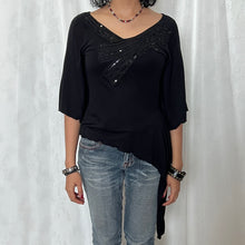 Load image into Gallery viewer, Black Cotton Hippie Sequin Chest Assym 3/4 Sleeve Top

