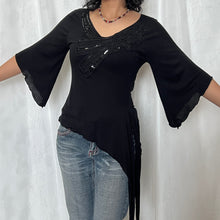 Load image into Gallery viewer, Black Cotton Hippie Sequin Chest Assym 3/4 Sleeve Top
