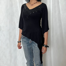 Load image into Gallery viewer, Black Cotton Hippie Sequin Chest Assym 3/4 Sleeve Top
