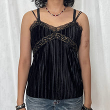 Load image into Gallery viewer, Black Velvet Pleated Fabric Gold Lace Cami Top
