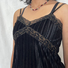 Load image into Gallery viewer, Black Velvet Pleated Fabric Gold Lace Cami Top
