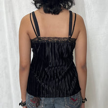 Load image into Gallery viewer, Black Velvet Pleated Fabric Gold Lace Cami Top
