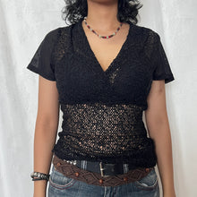 Load image into Gallery viewer, Black Laced Overlap Chest Mesh Short Sleeve Top
