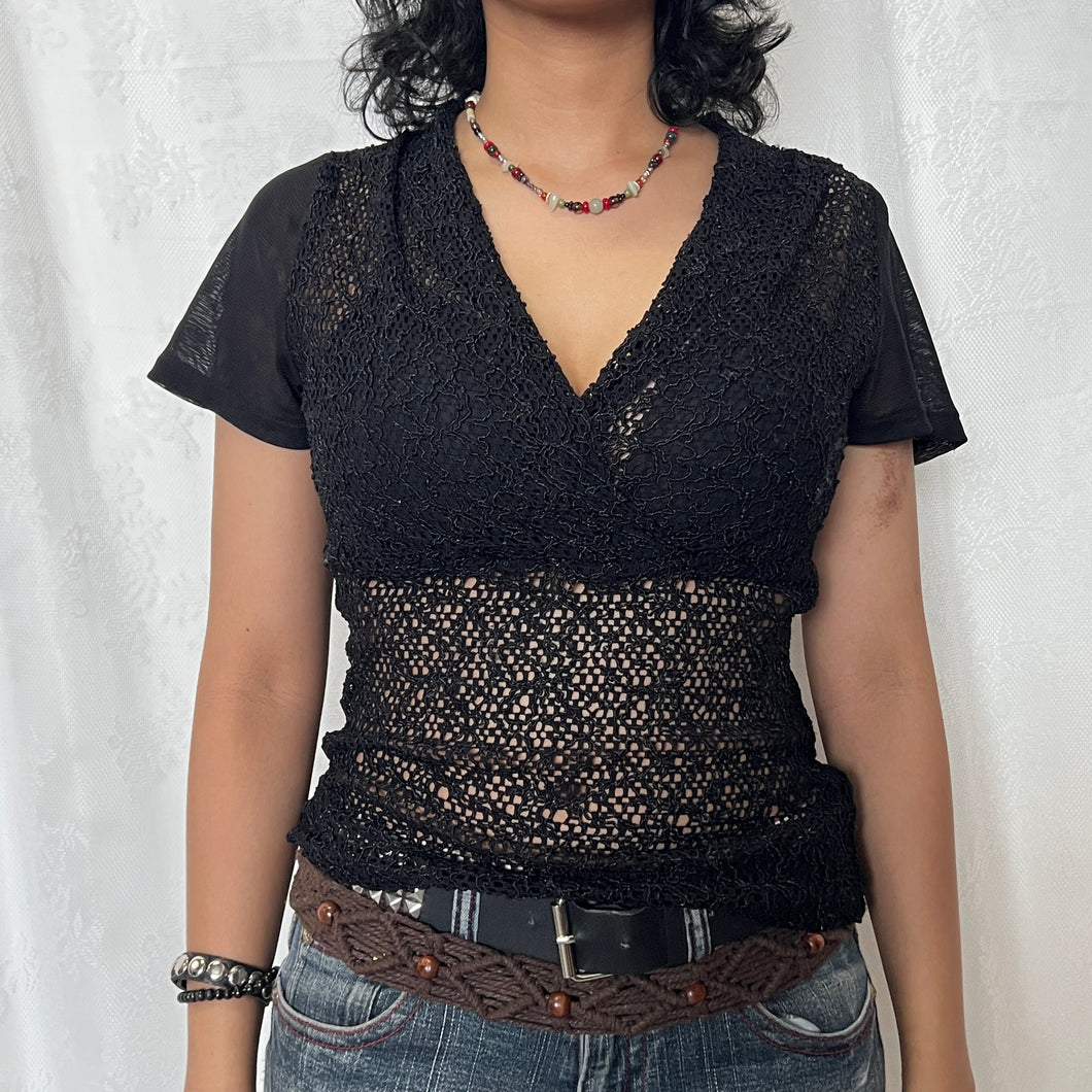 Black Laced Overlap Chest Mesh Short Sleeve Top