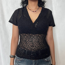 Load image into Gallery viewer, Black Laced Overlap Chest Mesh Short Sleeve Top

