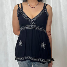 Load image into Gallery viewer, Black Cotton White Embroidered Hippie V Cami Top
