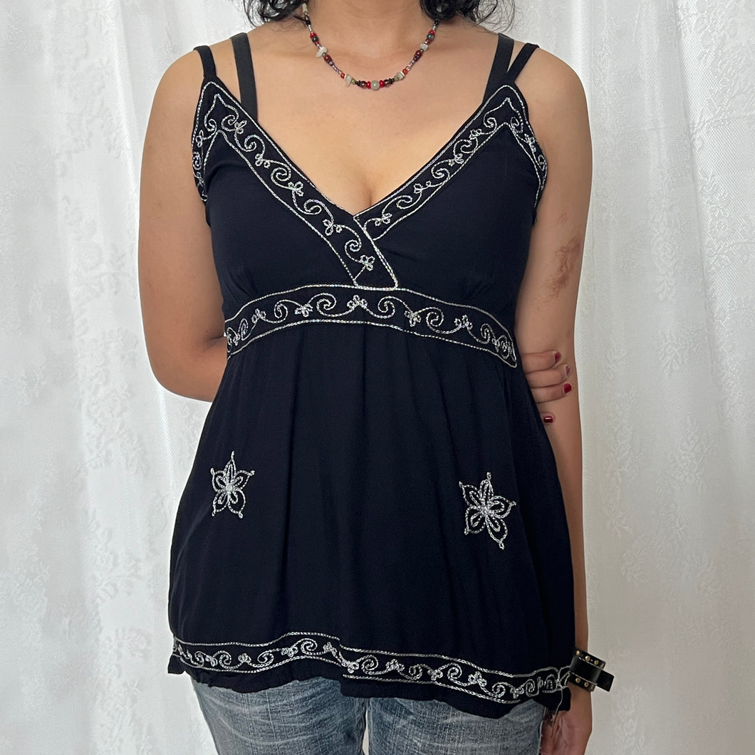 Black Cotton White Embroidered Hippie V Cami Top