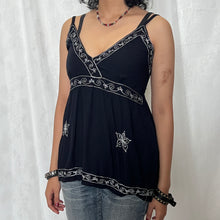 Load image into Gallery viewer, Black Cotton White Embroidered Hippie V Cami Top
