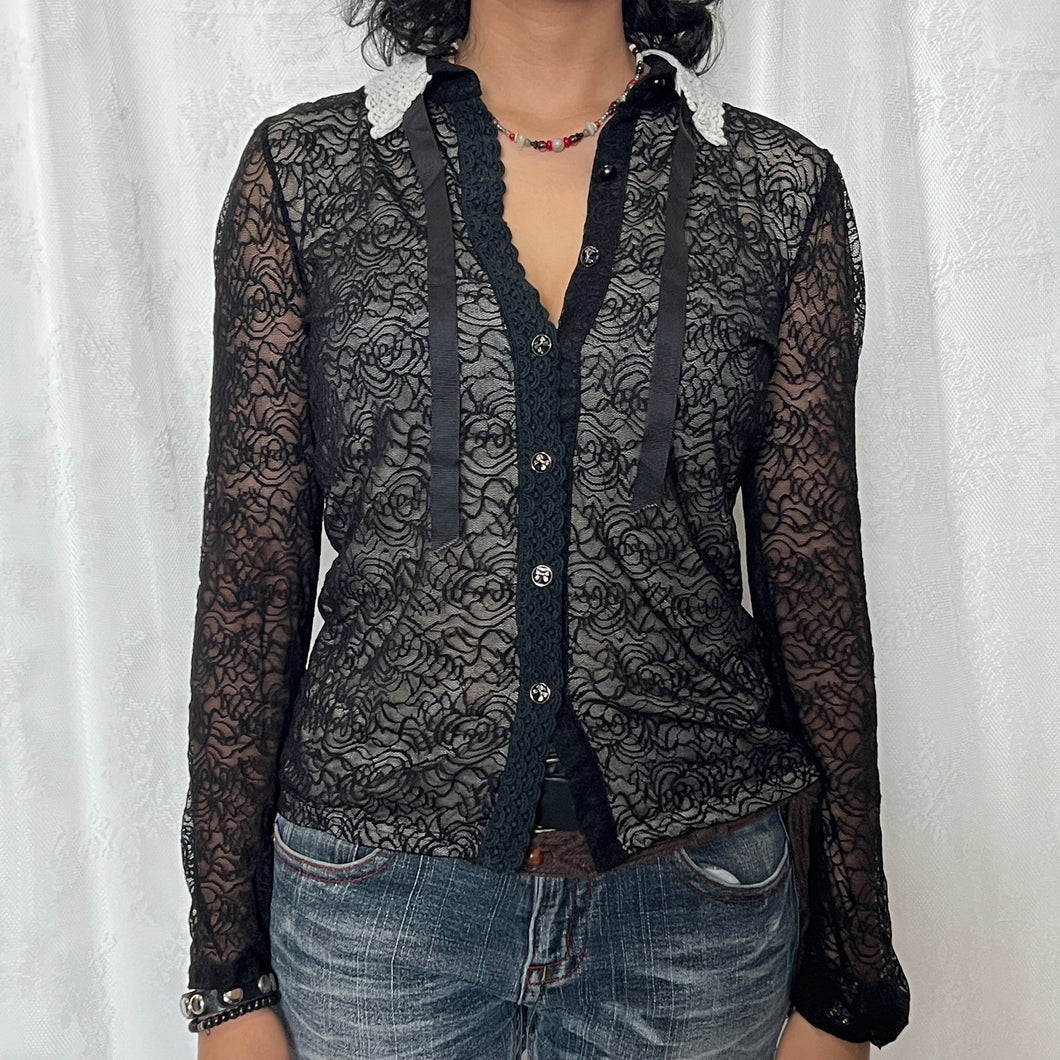 Black Rose Mesh Sleeves Lace Collar Long Sleeves Top
