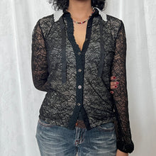 Load image into Gallery viewer, Black Rose Mesh Sleeves Lace Collar Long Sleeves Top
