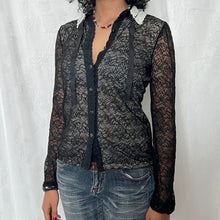 Load image into Gallery viewer, Black Rose Mesh Sleeves Lace Collar Long Sleeves Top
