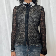 Load image into Gallery viewer, Black Rose Mesh Sleeves Lace Collar Long Sleeves Top
