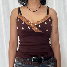 Load image into Gallery viewer, Brown Cotton Sequin Flower Laced Cami Top
