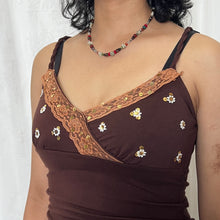 Load image into Gallery viewer, Brown Cotton Sequin Flower Laced Cami Top
