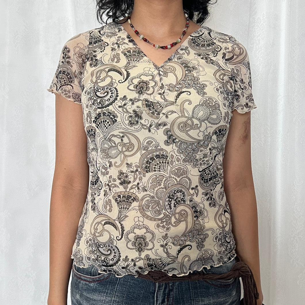 Cream Mesh Grey Hippie Paisley Short Sleeve Top