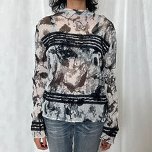 Load image into Gallery viewer, White Mesh Black Flower Print Long Sleeves Top
