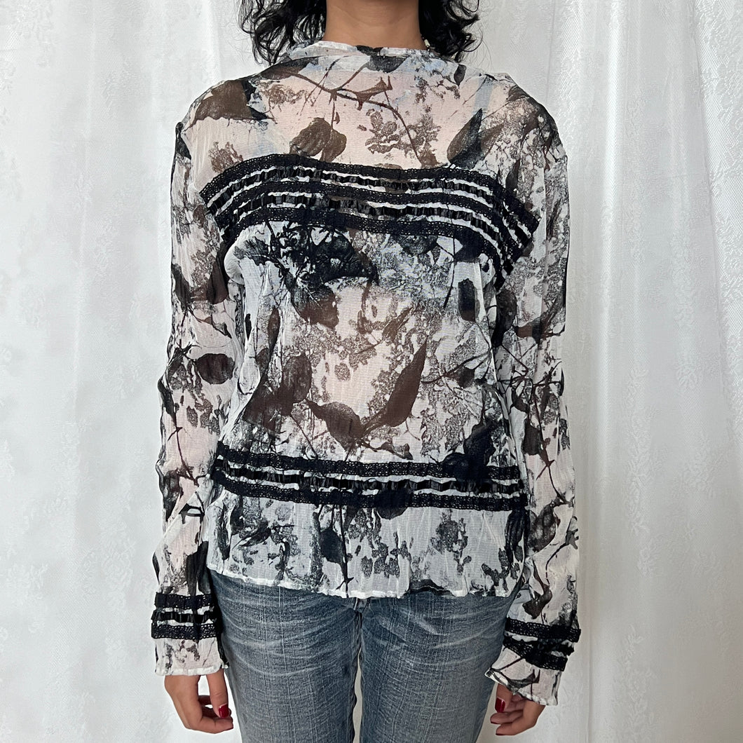White Mesh Black Flower Print Long Sleeves Top