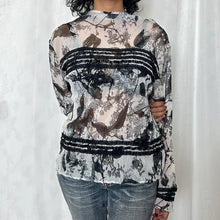 Load image into Gallery viewer, White Mesh Black Flower Print Long Sleeves Top
