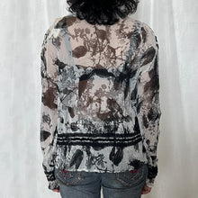 Load image into Gallery viewer, White Mesh Black Flower Print Long Sleeves Top
