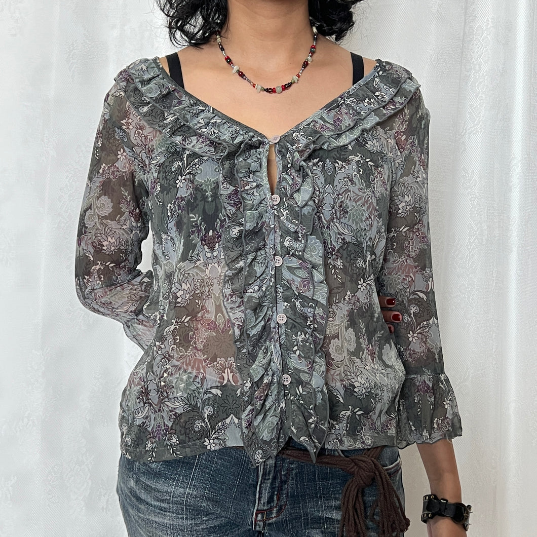 Blue Grey Mesh Water Fairy Ruffles Top