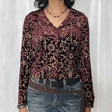 Load image into Gallery viewer, Burgundy Velvet Oriental Pattern Button Long Sleeves Top
