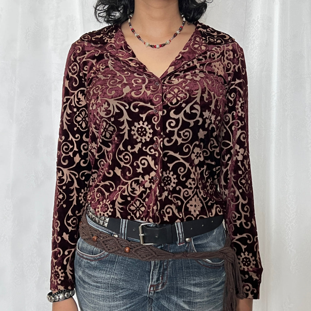 Burgundy Velvet Oriental Pattern Button Long Sleeves Top