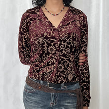 Load image into Gallery viewer, Burgundy Velvet Oriental Pattern Button Long Sleeves Top
