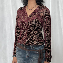 Load image into Gallery viewer, Burgundy Velvet Oriental Pattern Button Long Sleeves Top
