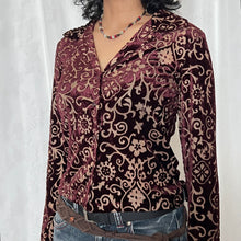 Load image into Gallery viewer, Burgundy Velvet Oriental Pattern Button Long Sleeves Top
