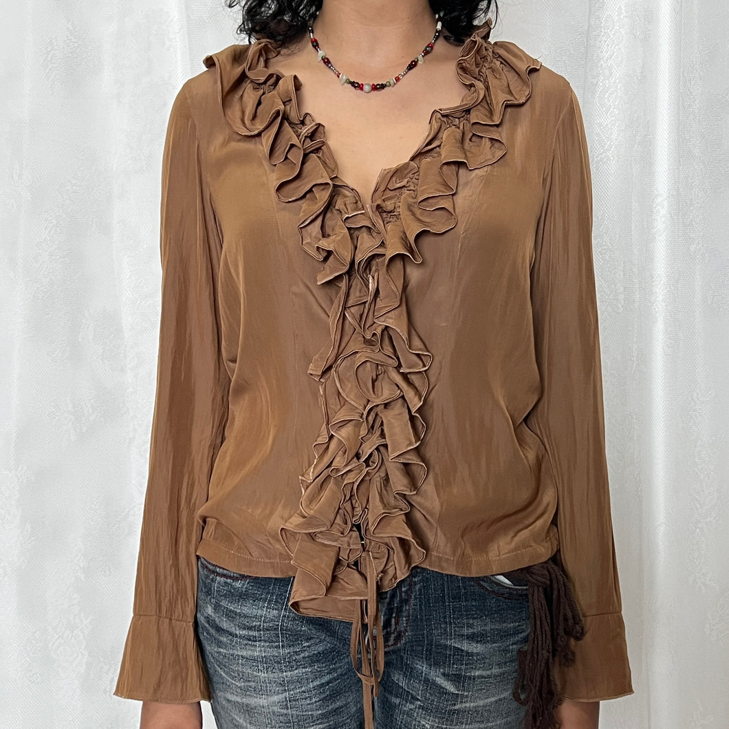 Tan Brown Chiffon Ruffles Fairy Long Sleeves Top