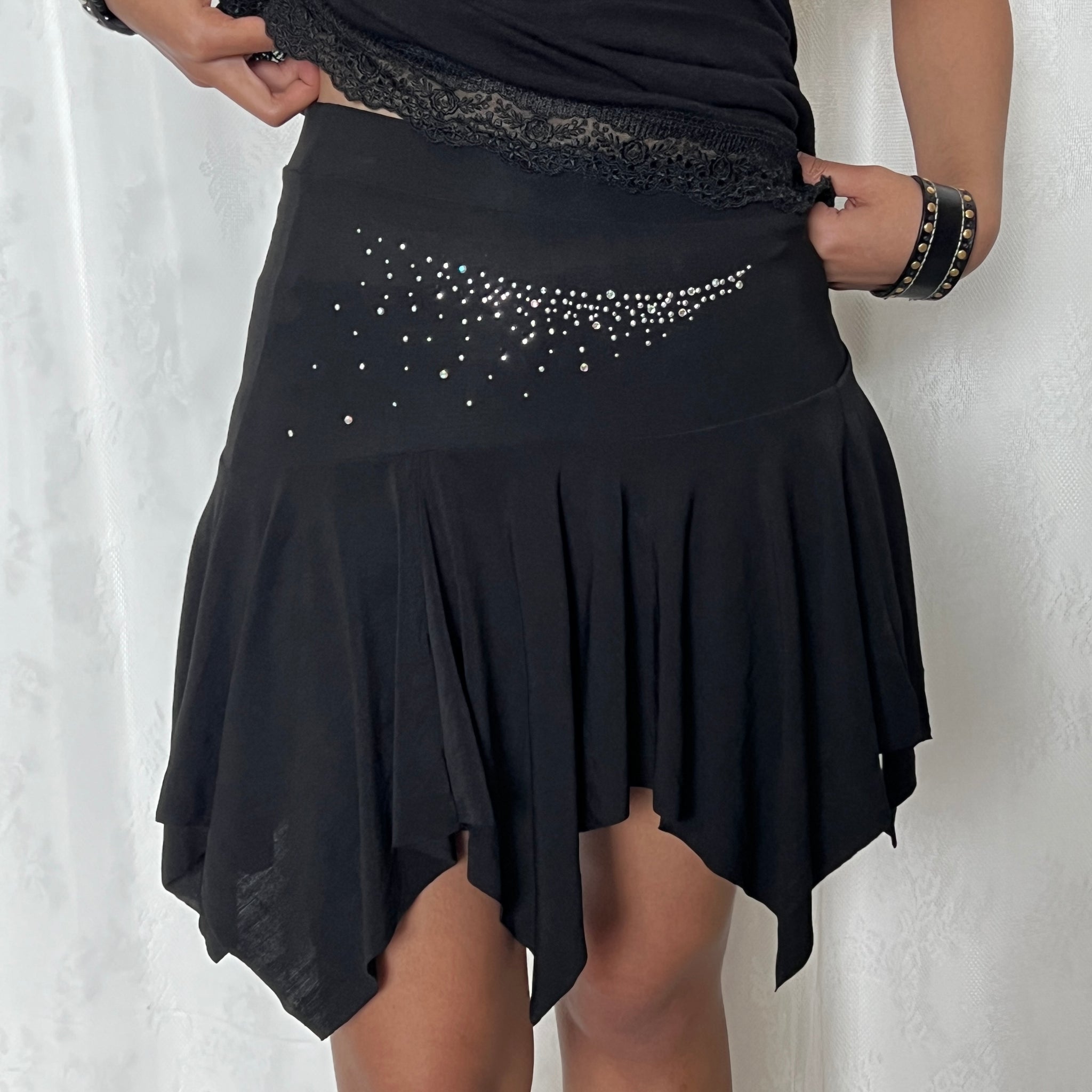 Rhinestone Fringe Hem Black Mini Skirt With Fringe TYNORA Women's