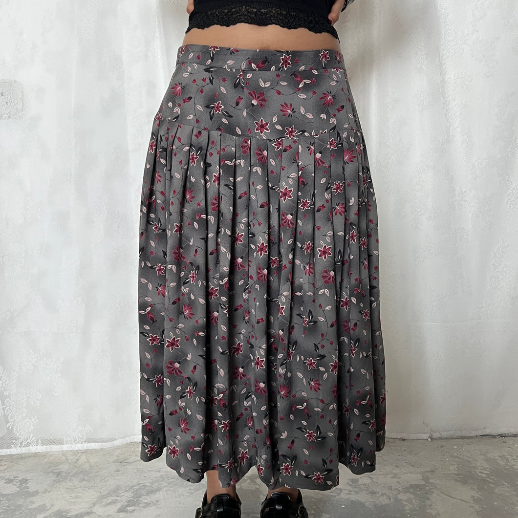 Grey Ombre Fuchsia Flowers Yoke Waist Maxi Skirt